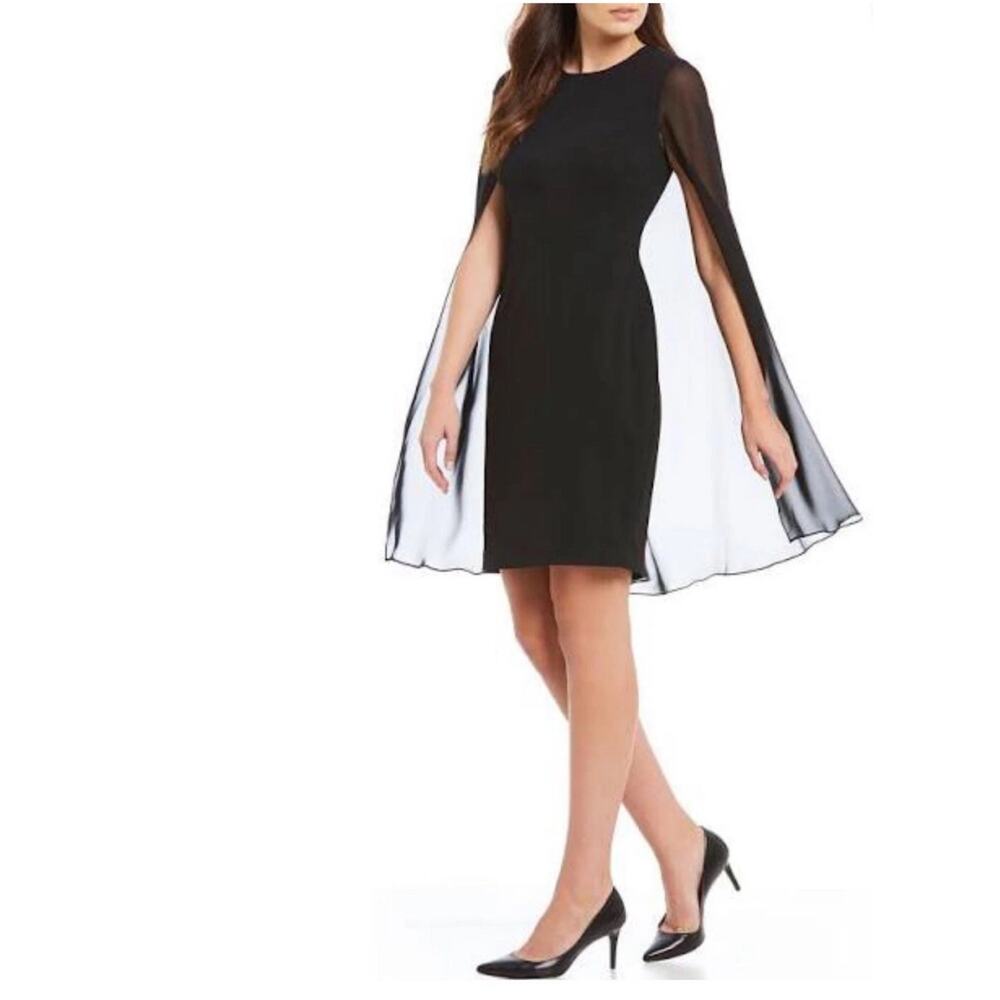 Calvin Klein Beaded Neckline Sheer Cape Evening Dress in Black Size 14